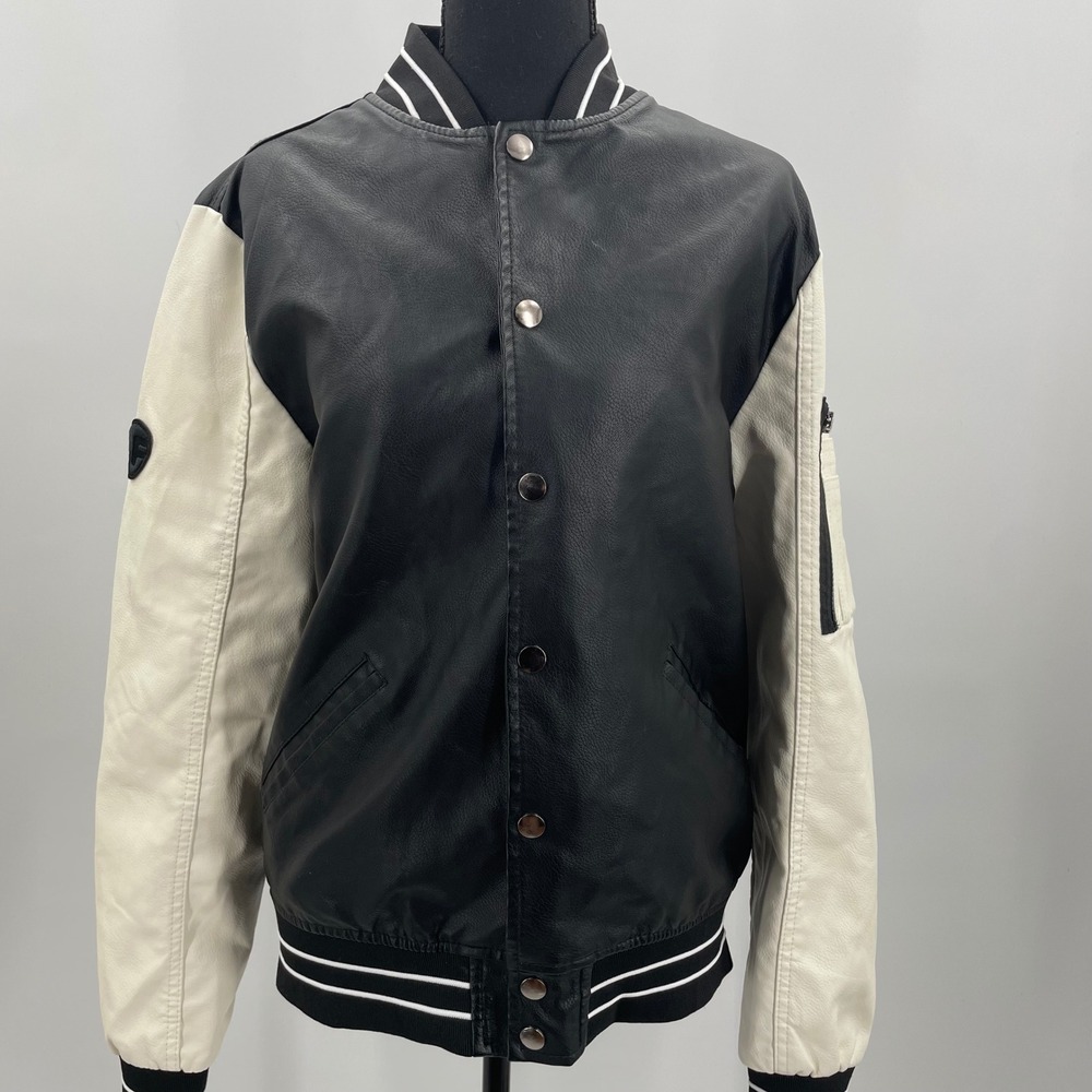 Fried Denim‎ NYC Mens Varsity Jacket Black White Faux Leather Bomber Small